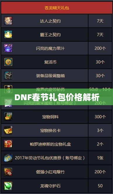 DNF春节礼包价格解析