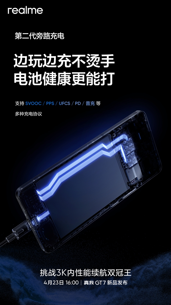 真我GT7支持第二代旁路充电，边玩边充，全新体验不烫手
