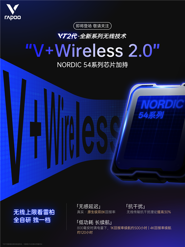 雷柏VT二代无线电竞鼠标系列，自研V+Wireless 2.0算法结合NORDIC 54芯片，游戏操作体验大升级
