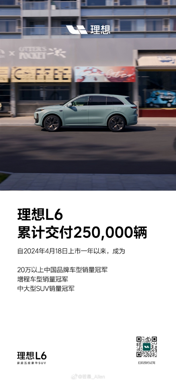 理想L6一年交付突破25万辆，勇夺三项冠军！
