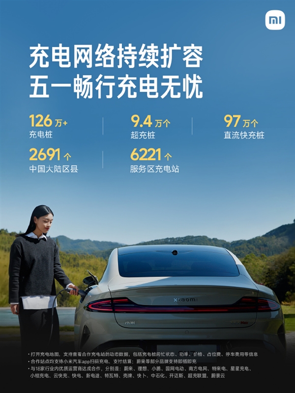 小米汽车:与18家运营商达成充电补能网络合作 超126万充电桩入驻“小米充电地图”