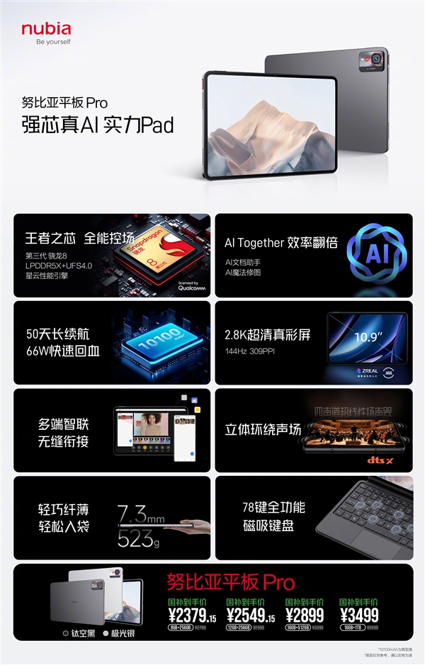 一图读懂努比亚平板Pro:2.8K大屏娱乐神器 2379.15元